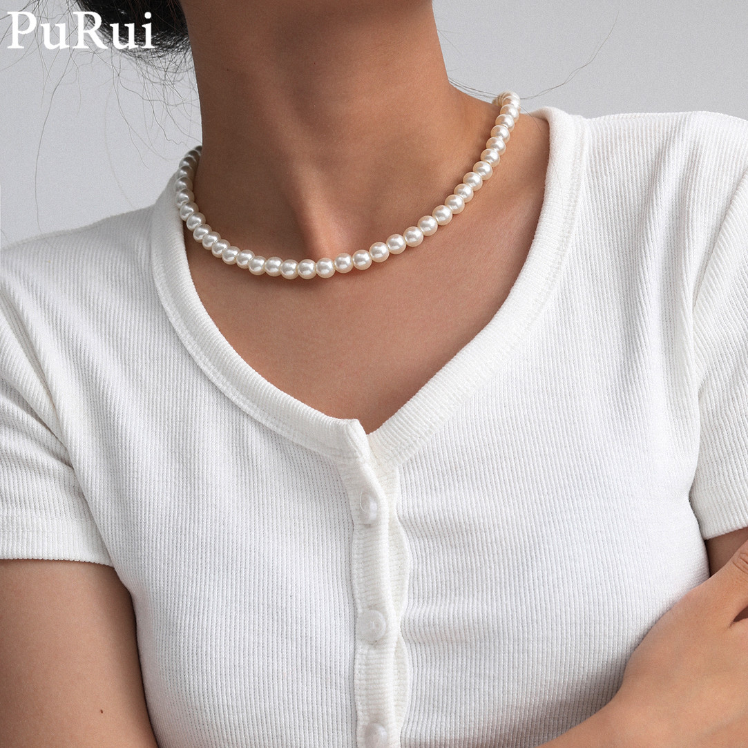 Pearl Choker Necklace Vintage - Colar gargantilha de pérolas imitadoras minimalistas