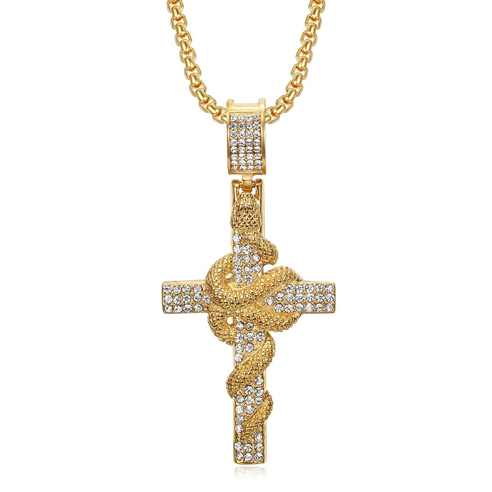 Padrão de cobra esculpida em a - Cross Pendant Necklace Gold avaliação e preço